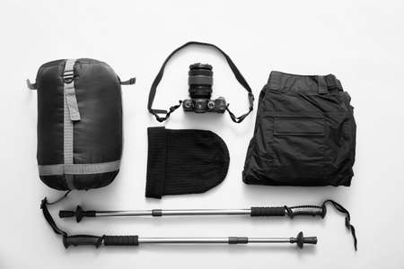 Equipment for hiking on white backgroundの写真素材