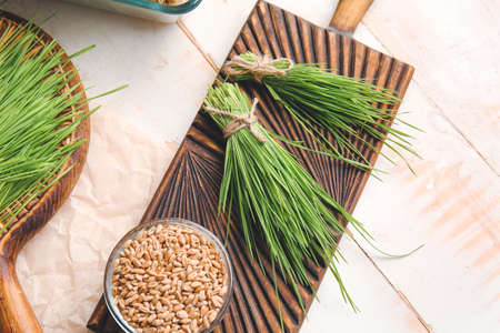 Fresh wheatgrass and seeds in bowl on light backgroundの写真素材