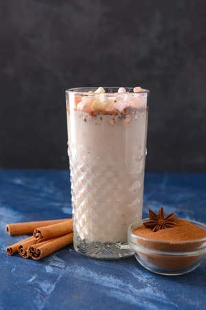 Tasty milkshake with cinnamon and marshmallow in glass on color background