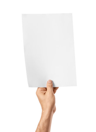 Male hand with blank paper on white backgroundの写真素材
