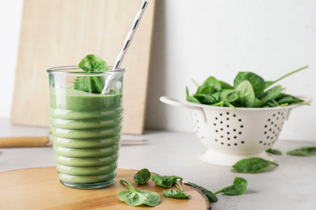 Glass of healthy spinach smoothie on light tableの写真素材