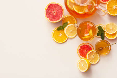 Cup of hot healthy beverage on white backgroundの写真素材