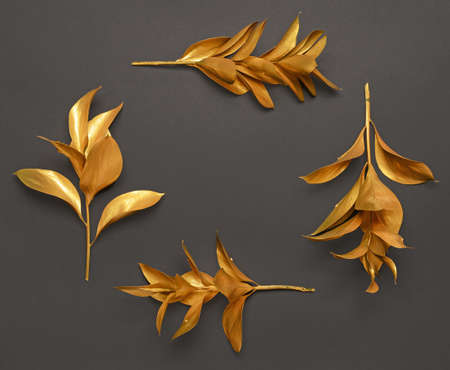 Frame made of golden leaves on dark backgroundの写真素材
