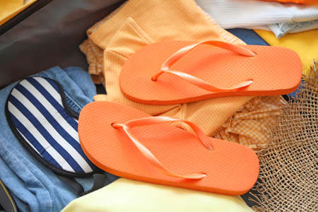 Open packed suitcase, closeup. Travel conceptの写真素材