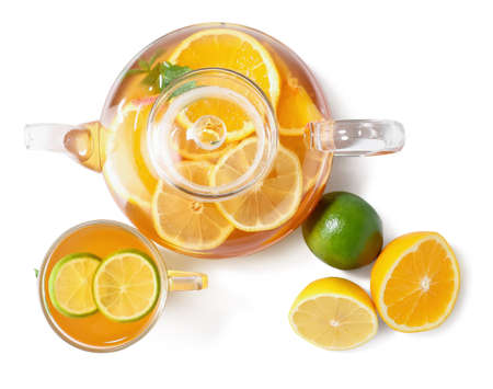 Composition with cup of hot healthy tea on white backgroundの写真素材