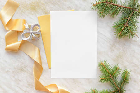 Beautiful Christmas decorations with empty card on white background