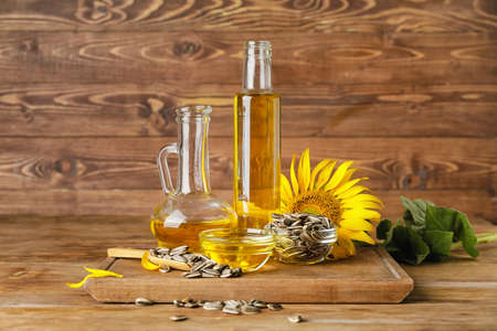 Composition with sunflower oil on tableの写真素材