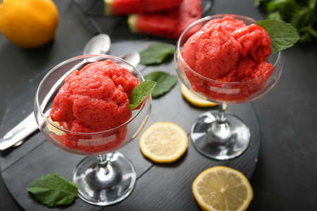 Composition with watermelon ice cream on dark backgroundの写真素材
