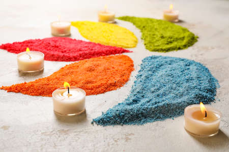 Festive composition with burning candles for celebration of Divaly on gray backgroundの写真素材