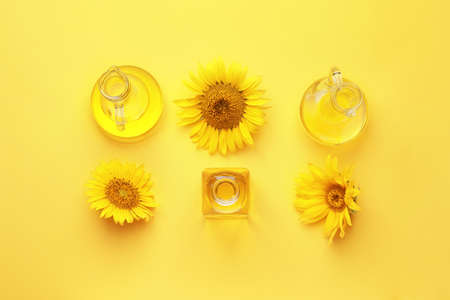 Composition with sunflower oil on color backgroundの写真素材