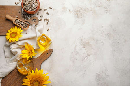 Composition with sunflower oil on light backgroundの写真素材