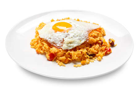 Plate with tasty egg and rice on white backgroundの写真素材