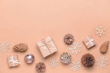 Christmas composition with gifts on color backgroundの写真素材