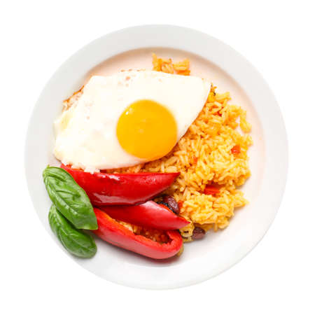 Plate with tasty egg, pepper and rice on white backgroundの写真素材