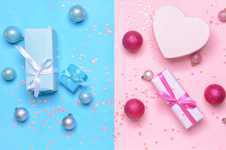 Christmas composition with gifts on color backgroundの写真素材