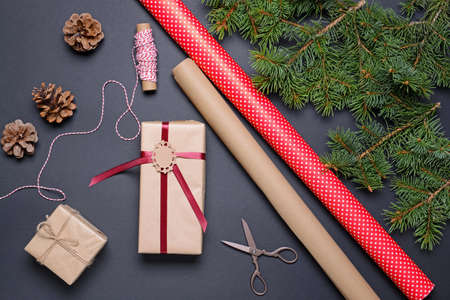 Composition with Christmas gifts on dark backgroundの写真素材