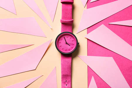 Stylish wrist watch on color backgroundの写真素材