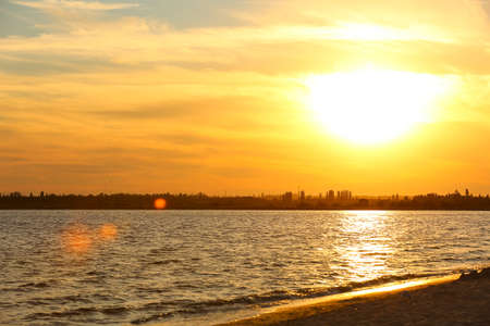 View of beautiful sky with clouds and sea at resort in eveningの写真素材