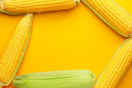 Frame made of fresh corn cobs on color background