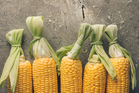 Fresh corn cobs on gray background