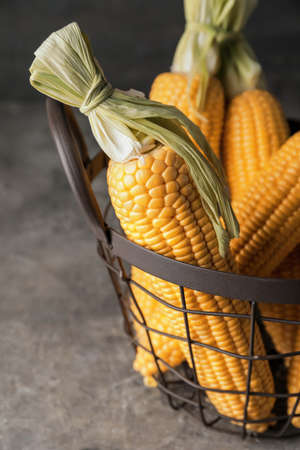 Basket with fresh corn cobs on dark gray background