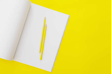 Blank magazine and color pencils on color backgroundの写真素材