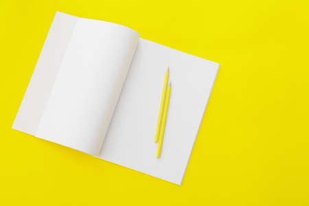 Blank magazine and color pencils on color background