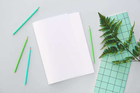 Composition with blank magazine and color pencils on light backgroundの写真素材