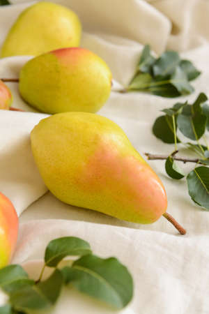 Composition with fresh pears on fabric background