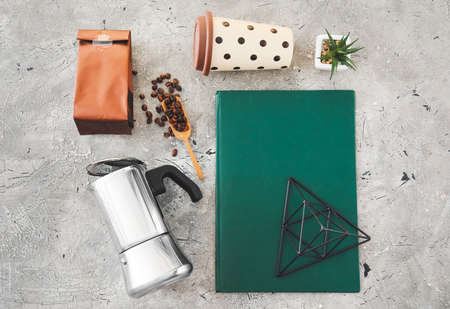 Blank bag with coffee pot, cup and beans on gray background