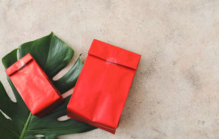 Blank bags on gray backgroundの写真素材