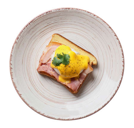 Plate with tasty egg Benedict on white background
