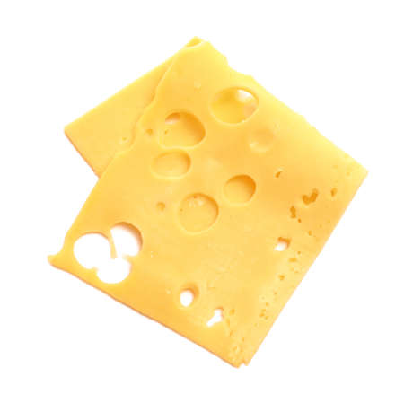 Slice of tasty cheese on white background