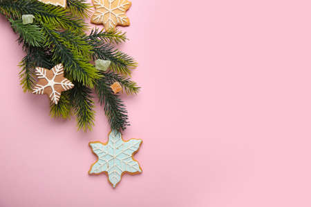 Beautiful Christmas composition on color backgroundの写真素材