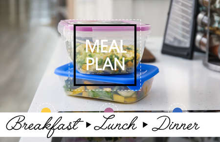 Containers with healthy food on table in kitchen. Concept of meal plan