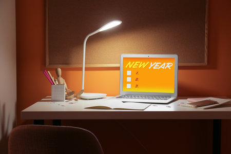 Laptop with empty to-do list for new year on screen at workplace in officeの写真素材
