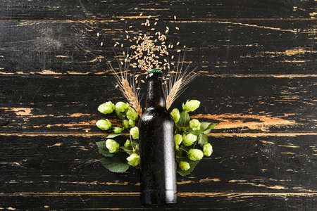 Composition with bottle of fresh beer on dark wooden backgroundの写真素材