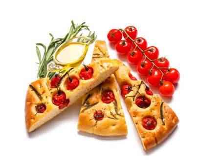 Composition with traditional Italian focaccia on white backgroundの写真素材