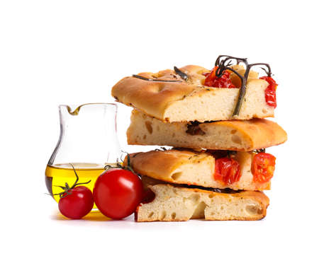 Traditional Italian focaccia on white backgroundの写真素材