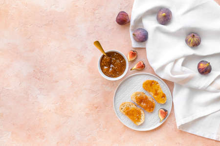 Composition with sweet fig jam on color backgroundの写真素材