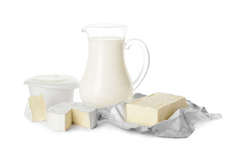 Different dairy products on white backgroundの写真素材