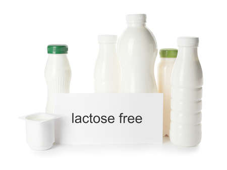 Different dairy products without lactose on white backgroundの写真素材