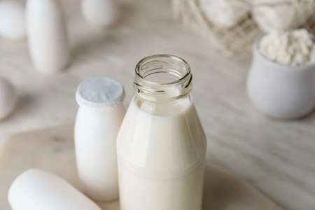 Different dairy products on light backgroundの写真素材