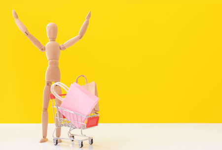 Wooden mannequin with shopping cart and bags on color backgroundの写真素材