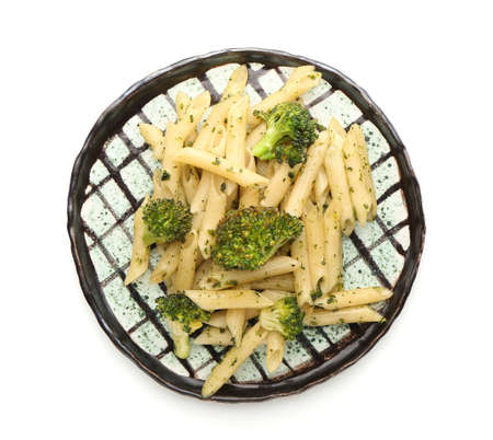 Tasty pasta with broccoli on white backgroundの写真素材