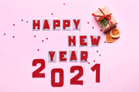 Beautiful New Year composition on color backgroundの写真素材