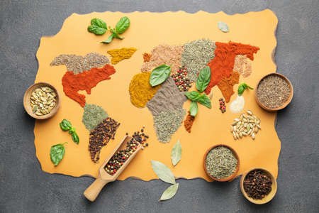 World map made of spices on dark backgroundの写真素材