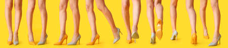 Collage of beautiful young woman with slim legs in high-heels on color background