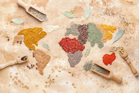 World map made of spices on color background