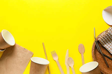 Eco tableware on color background